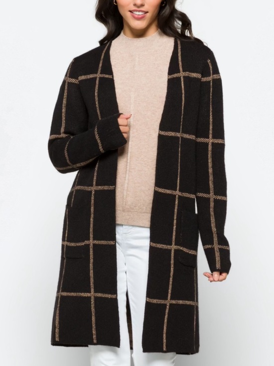 Fortune + Ivy Sweaters - Fortune + Ivy Long Cardigan Black Tan Windowpane Open Front Duster | Size XL
